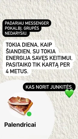 Originalus 2024 m. „Palendricai“ Messenger Story su lašinių avataru ir sakiniu „Kas norit – junkitės.“