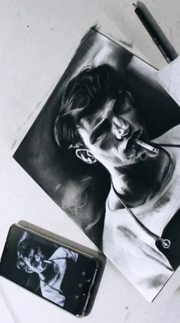 Anglimi pieštas vyro portretas su cigarete, šalia pieštukas ir telefonas su originalia nuotrauka