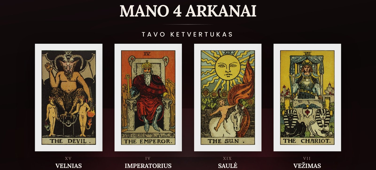 „Mano 4 Arkanai“ produkto puslapis — ketvertukas: XV Velnias, IV Imperatorius, XIX Saulė, VII Vežimas.